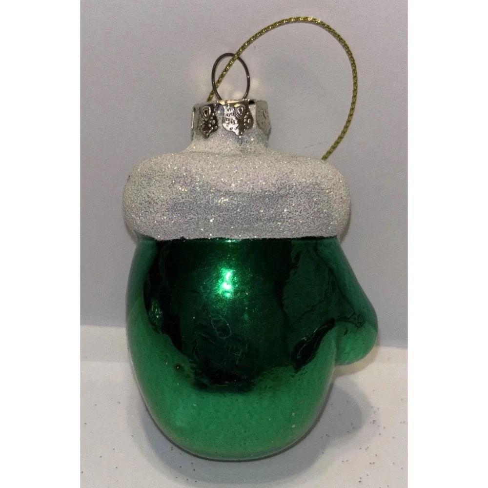 Vintage Blown Glass Green Glove Mitten Snowflake Glitter Christmas Ornament 3